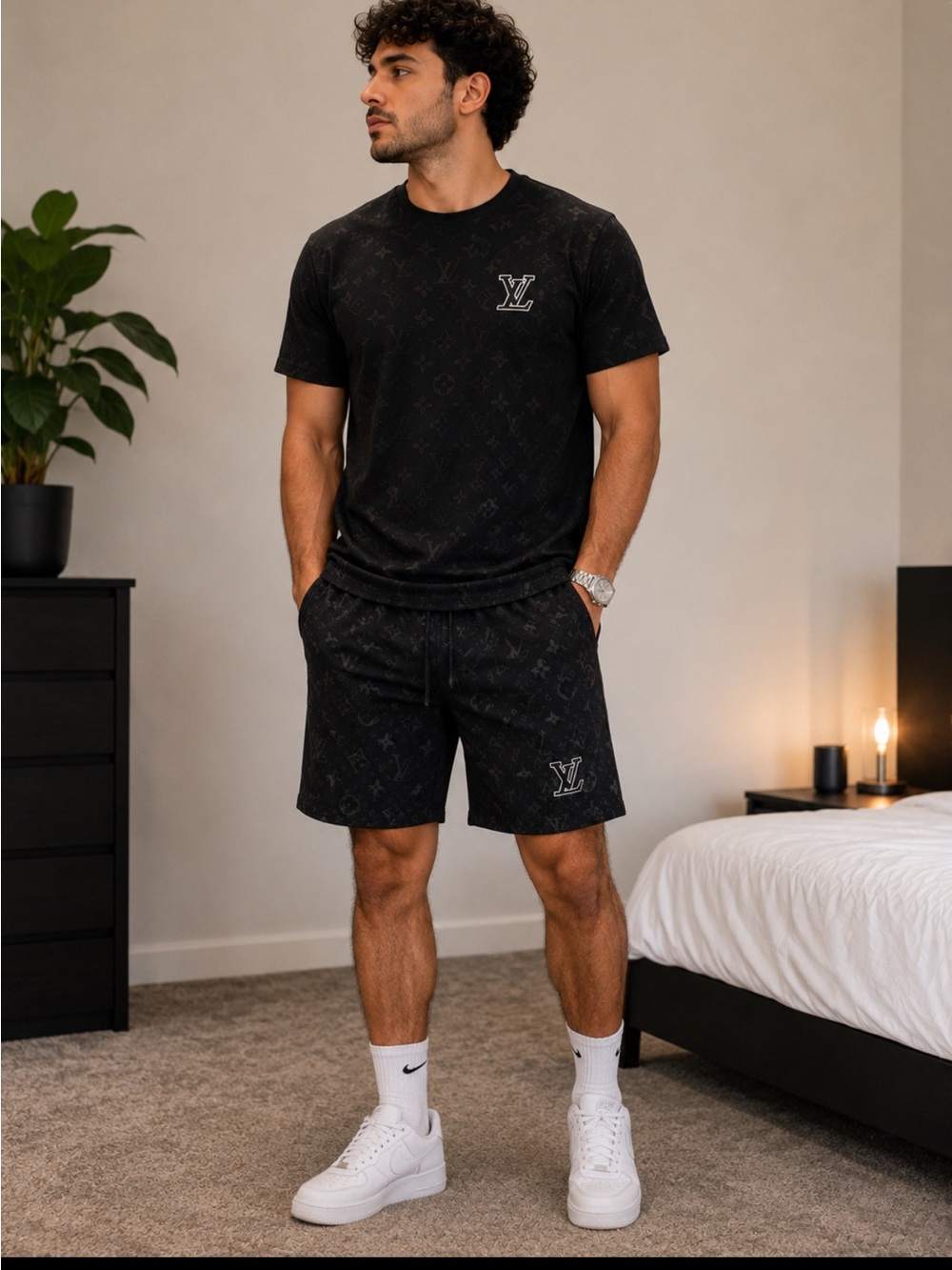 Men’s two-piece Louis Vuitton Black Monogram shirt, and shorts Set